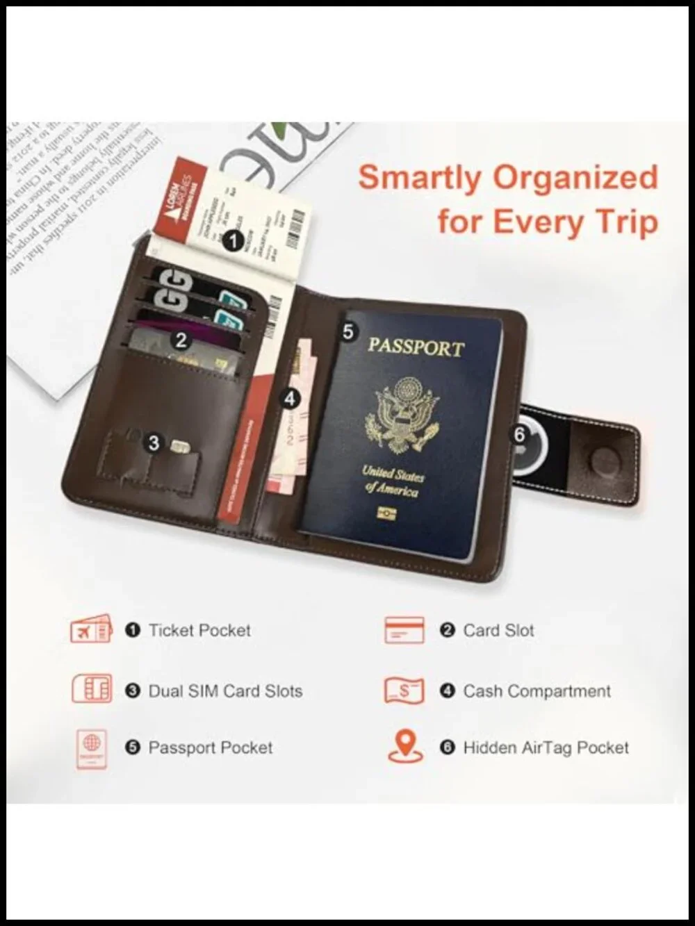 Full-Grain Leather Passport Holder with Hidden AirTag Slot RFID Blocking Travel